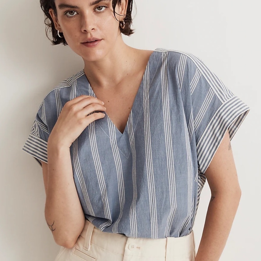 Madewell Crinkle Cotton Boxy Top in Mixed Stripe NM400 blue XS
